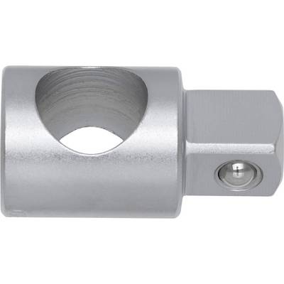 Metal adapter with a hole and ball spring on the right side. Used for connecting tools or accessories.