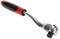 Silver ratchet spanner with red and black handle, used for tightening and loosening screw and nut connections in mechanical engineering.