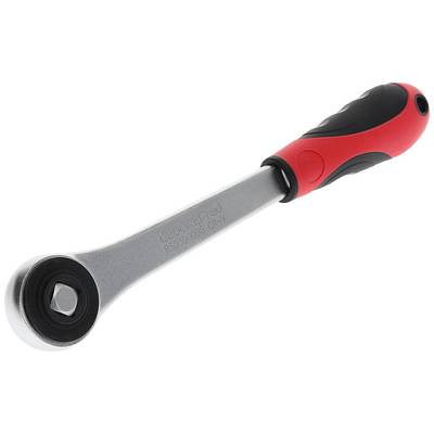 A silver ratchet key with an ergonomic, red and black handle. The head features a square drive for sockets.