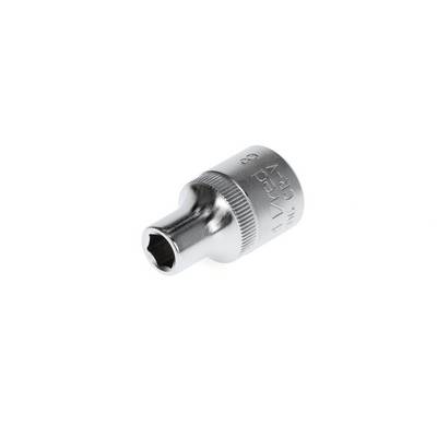 A gleaming, chrome-plated socket with a hexagonal opening and engraved text on the side. It is used for tightening or loosening screws.