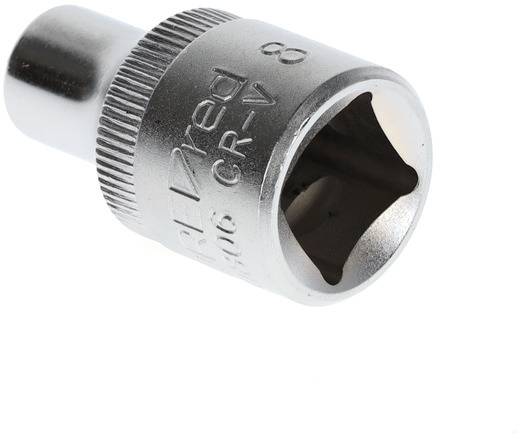 Metal square-headed socket nut with size markings. Used for loosening or tightening screws and nuts.