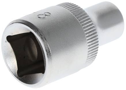 Metal socket with square opening and knurled edge, suitable for spanners.