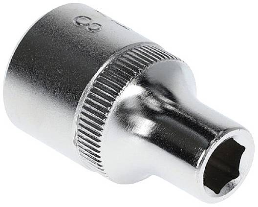 Metal socket insert with hexagonal internal thread, suitable for torque wrenches, with a shiny silver surface.