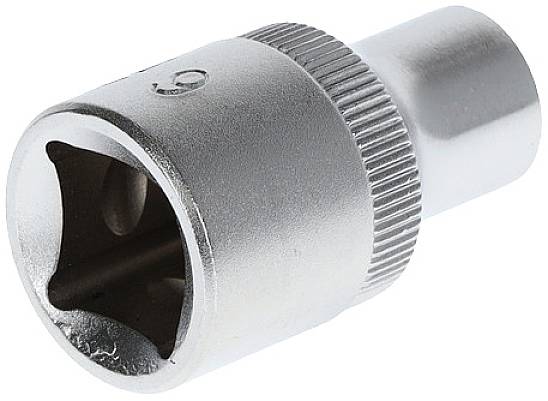 Metal socket in a cylindrical shape, with a knurled surface for improved grip, featuring a square opening for attachment to a tool.