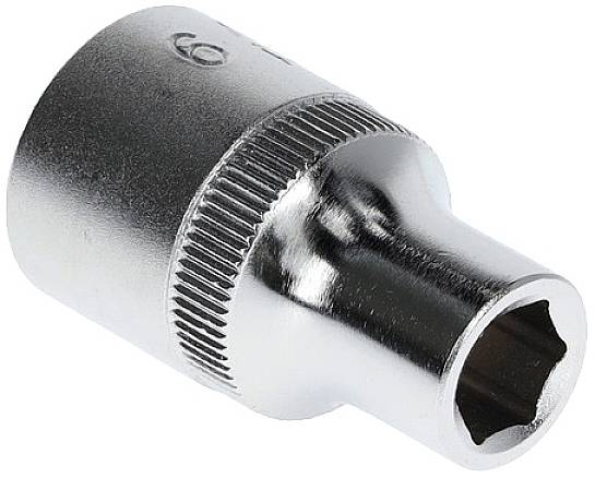 A silver nut bolt with a ridged edge and a hexagonal inner aperture lies on a white surface.