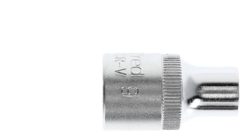 A silver socket adaptor for socket wrenches with a knurled handle and size marking 'F-V' on the side.<br><br>Note: The translation is in British English, using typical British terminology and spelling conventions.
