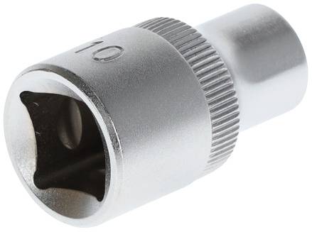 A metallic socket with the number '10' engraved, cylindrical in shape with grooves for better grip, used for screw-related work.