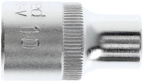A metallic socket with a slightly ridged surface and numerical stamping, used for screw work with a ratchet or spanner.
