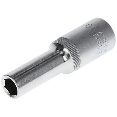 A silver socket, suitable for use with a spanner or ratchet, shows a hexagonal opening.