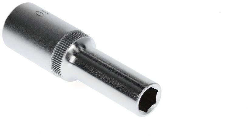 Metal socket extension bar with hexagonal opening, suitable for various spanner sizes.