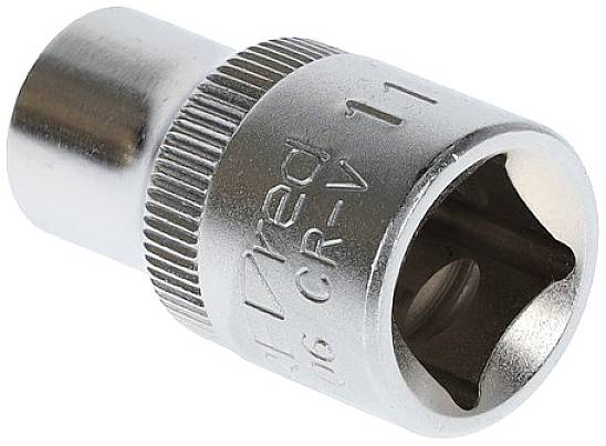 Metal socket insert with '1/2 inch CR-V 11' marking, used in ratchets and socket wrench sets for screw-related work.