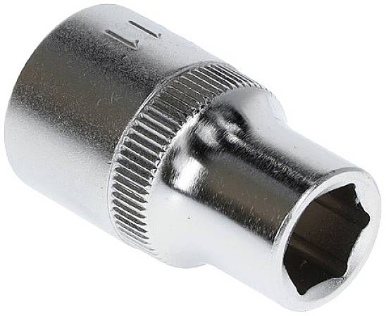 A silver socket extension with a hexagonal opening and a knurled edge for better grip.