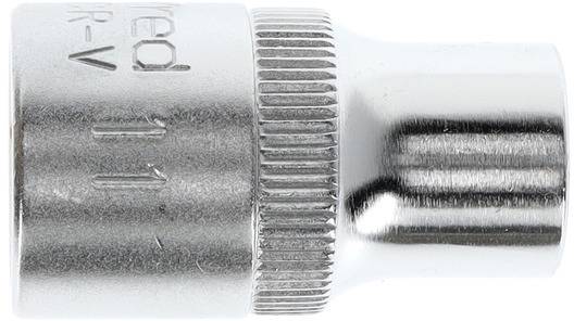 Metal socket with a ribbed grip. Size and model are engraved on it. Tool designed for use with a socket wrench.
