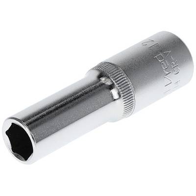A silver socket extension, cylindrical with a hexagonal end. Suitable for screw-related work.