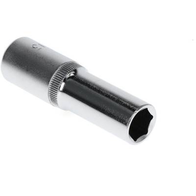 Long metal socket wrench, specifically designed for tight nuts and bolts, with a hexagonal opening at the end.