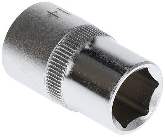 Metal socket adapter, silver-coloured, cylindrical with hexagonal opening, for use with a ratchet.