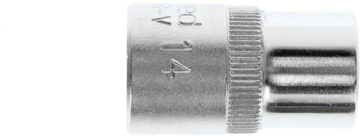 A silver pin badge with the marking '14'. It is cylindrical and shiny.