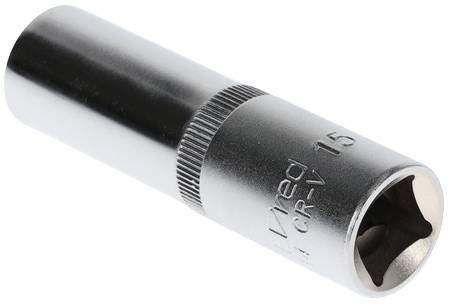 Metal spanner with cylindrical form and engraving 'CR-V 15', likely used for tightening or loosening screws.