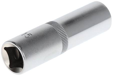 A silver socket extension, cylindrical in shape, with a knurled handle. Used for screw connections, size marked on the side.