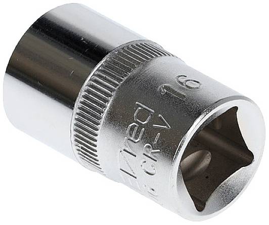 Chrome vanadium steel socket with '16' engraving.