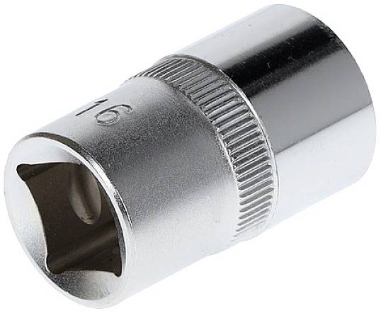 Metal hexagonal socket attachment with visible size marking '16'. Primarily used for screw-related tasks.