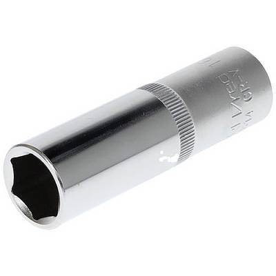 A silver hexagonal socket drive, used for turning screws and nuts, on a white background.