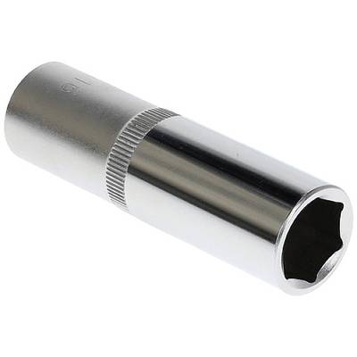 A chrome-plated socket with a hexagonal opening, predominantly manufactured from metal, used for screw connections.