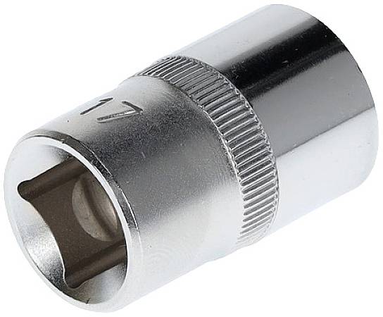 A silver socket wrench with a ridged edge and the number '17' engraved. It is suitable for screw-related work.