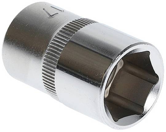 Metallic hexagonal socket nut, suitable for use in hand or power tools for tightening or loosening screws.