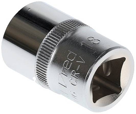 A shiny, metallic socket for tools with a round shape and a square hole on the front face.