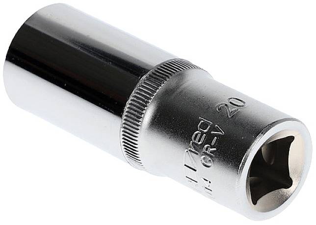 Metal spanner, cylindrical shape, with hexagonal opening, size 20 mm, for mechanical repair work.