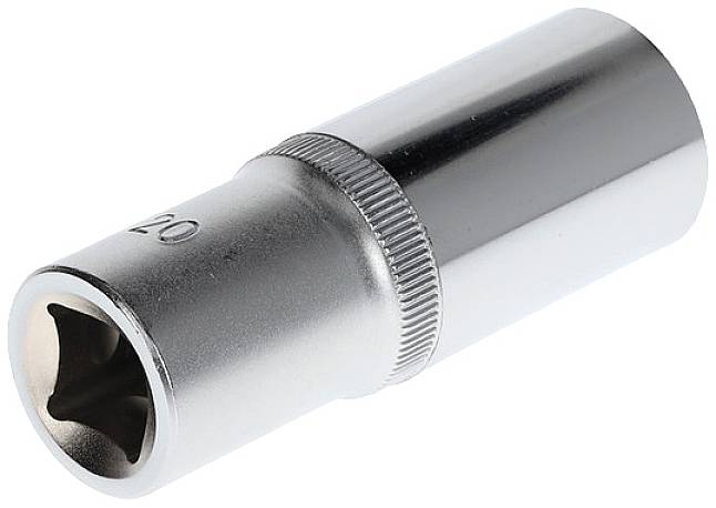 An illustration of a shiny socket spanner, also known as a socket wrench, made of metal. It is a tool component with a cylindrical shape.