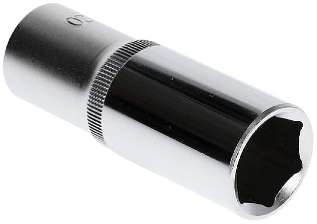 A silver socket extension, commonly used for mechanical repairs. Cylindrical in shape with a knurled surface.