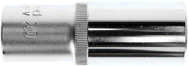 A metallic tool, possibly a socket, with a shiny surface and an engraving of '20'.