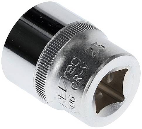 Metal socket with a knurled edge, inscribed with '23' and product information. Used for screw-related work.