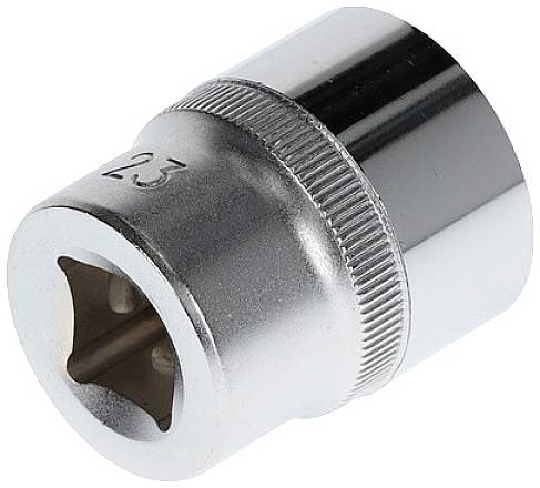 Metal socket spanner with square opening. Numerical marking on the side indicates size. Tool for screw-related work.