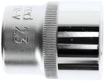 Metal spanner with engraved inscription '23 CV-V'. Cylindrical form with matte and glossy finish.