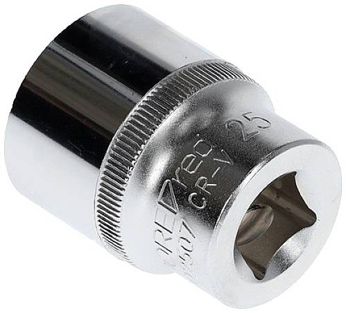 Metal socket nut with a polished surface and '25' engraving. Suitable for screw work, used with ratchets or socket wrenches.