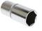 A chrome-plated hexagonal socket, cylindrical with a knurled centre, on a white background. Used for screw-related work.