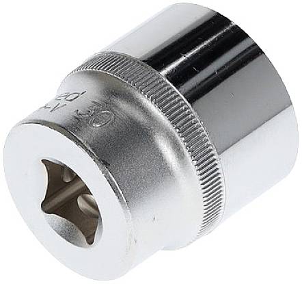 A silver socket with a hexagonal internal profile for tightening or loosening screws using a ratchet.