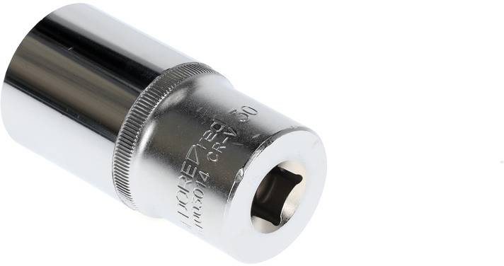 Metallic socket nut, shiny, cylindrical, with embossed lettering. Used for screw connections in mechanical applications.