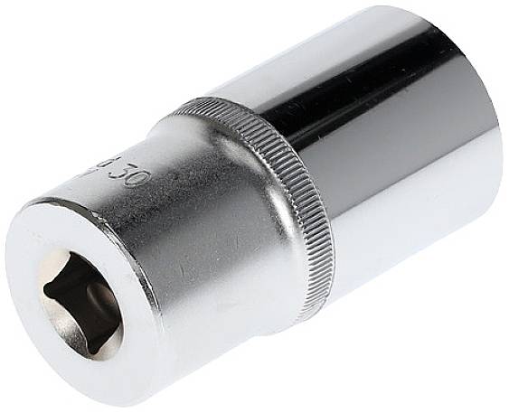 Metal socket wrench head with a cylindrical shape and a round opening at the end, suitable for tightening or loosening nuts and bolts.