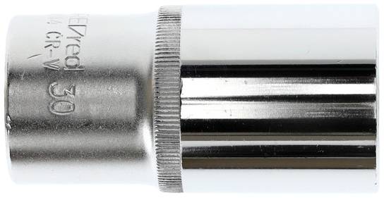 A silver sleeve nut with an engraving 'CR-V 30'. Used as a tool attachment for spanners or a ratchet.