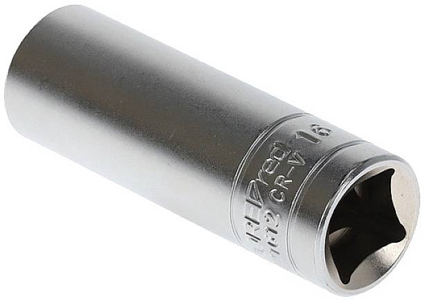 Long metal socket wrench with a hexagonal head, suitable for various nut sizes.