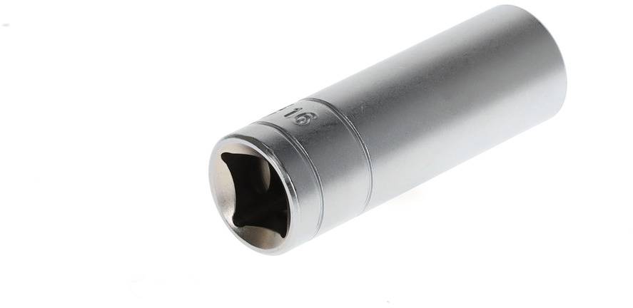 Silver hexagonal socket nut with deep drive, suitable for loosening and tightening nuts or bolts.