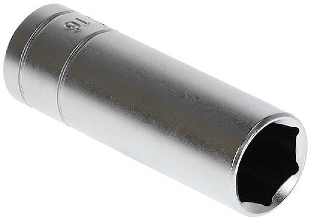 A silver metal socket typically used for screwing nuts or bolts with a socket wrench.