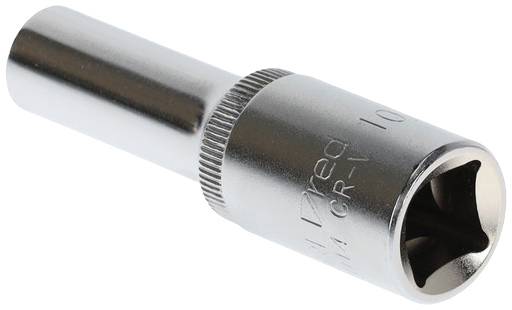 Socket wrench with a 12-point head and knurling on the handle, suitable for metric screws; primarily used for mechanical work.