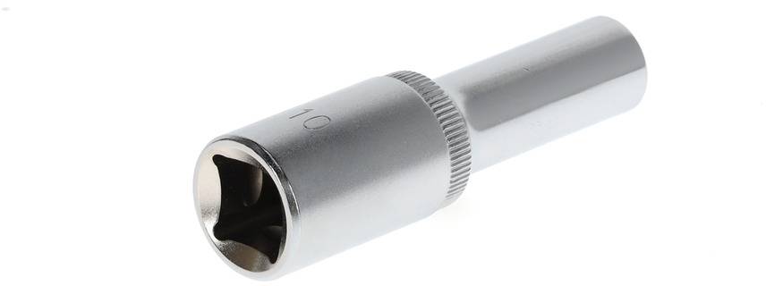 Metal socket spanner with a knurled handle, side-engraved with '10'.