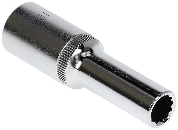 A chrome-plated socket wrench with a knurled handle, marked with '10' for size, used for tightening or loosening screws or nuts.