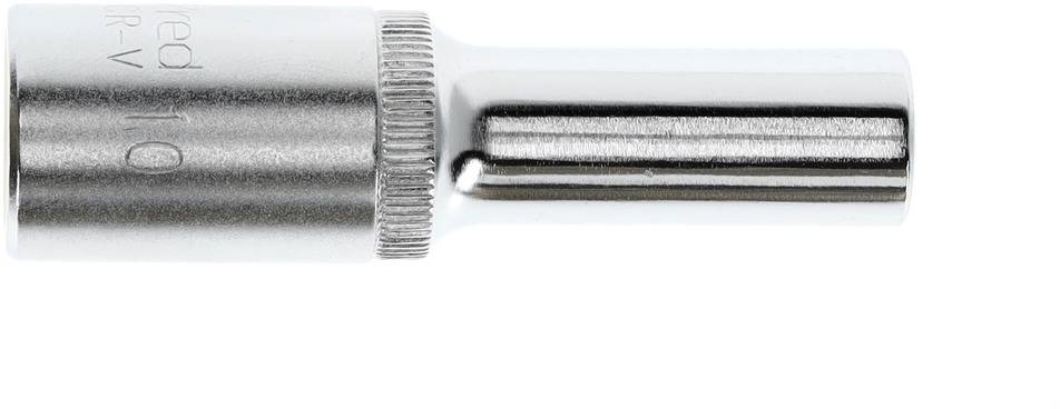 A silver socket extension attachment, cylindrically shaped, made of metal.